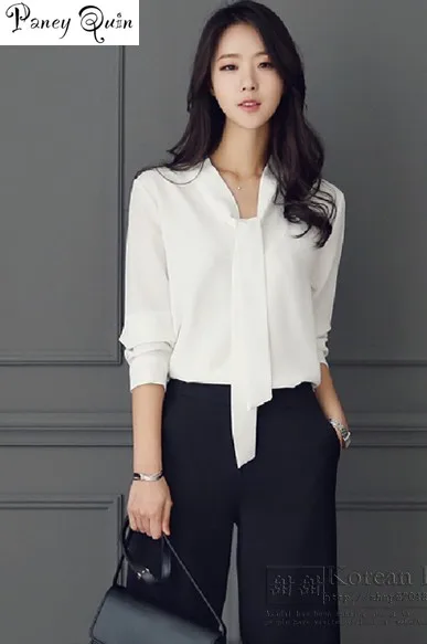 Good quality Chiffon shirt Blouses women OL OFFICE lady Streamer collar solid white blusas Elegant Blue Shirts Female | Женская одежда