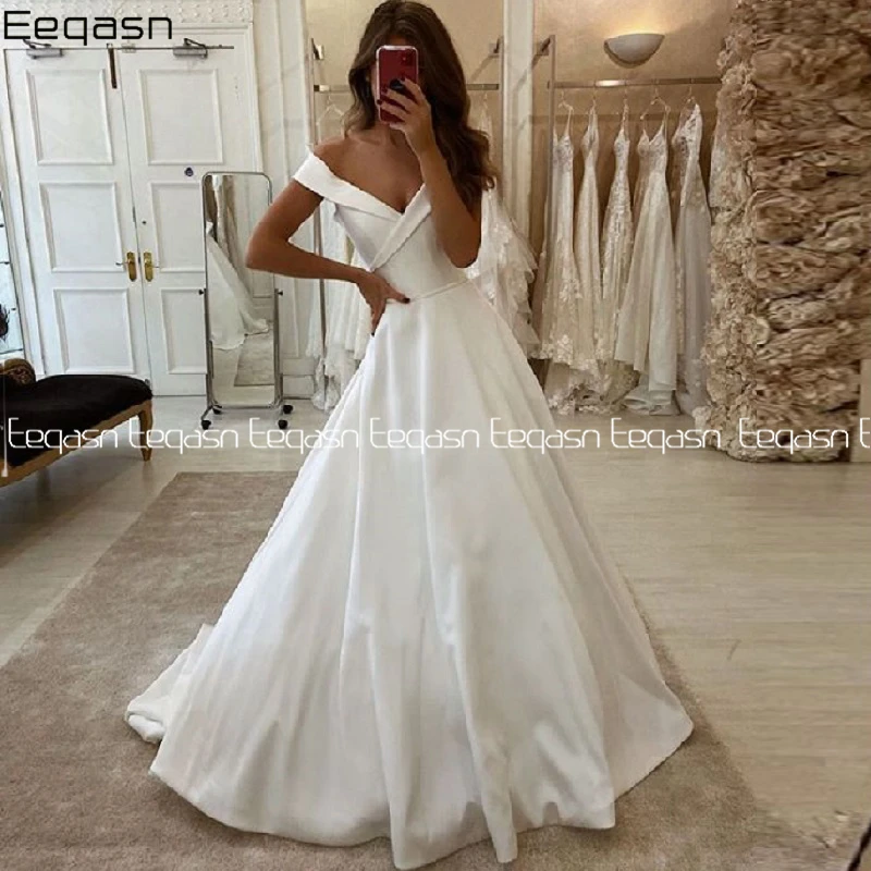 Женское атласное свадебное платье-корсет Eeqasn с открытыми плечами и V-образным