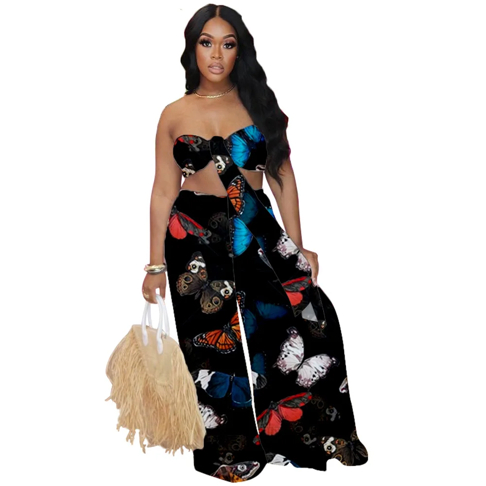 

Butterfly Printing Women Sexy Clubwear Two Pieces INS Hottest Lace-up Strapless Tops High Waist Split Loose Pants Summer Sets