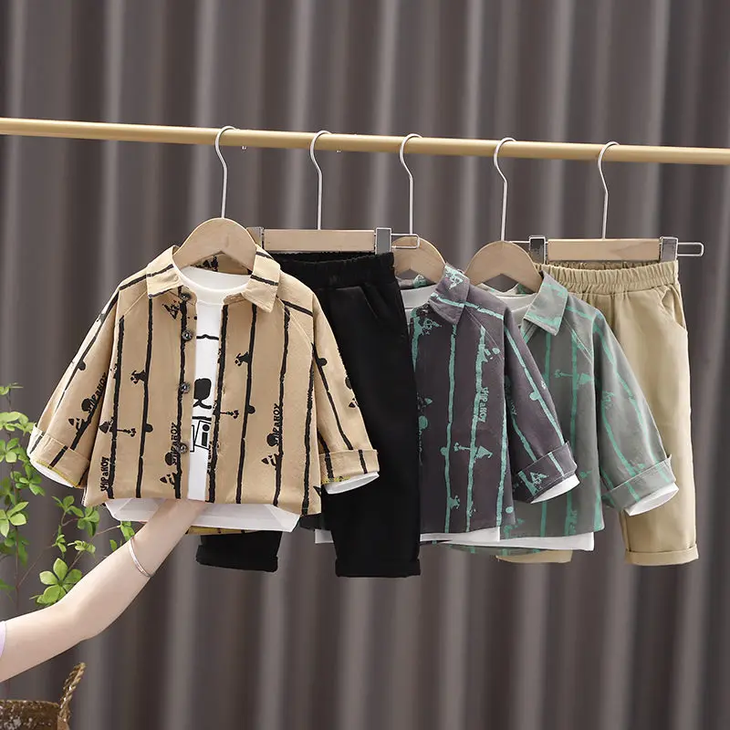 

Детская Хлопковая одежда, костюмы для маленьких мальчиков и девочек, с принтом в полоску, Повседневная Толстовка, футболка и брюки, 3 шт./комп...