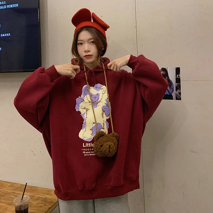 

XZ805 2021 women new plus velvet thick vintage bear print hooded loose long-sleeved Sweatshirts