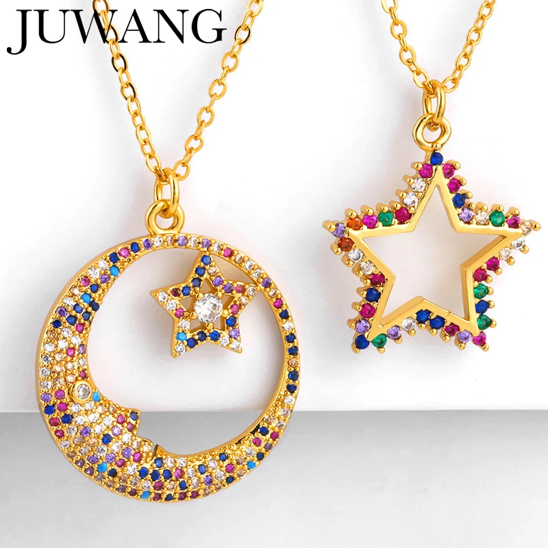 

Gold Filled Rainbow Moon Star Women Necklace Gold Chain Cubic Zirconia CZ Crystal Necklace collier femme 2019