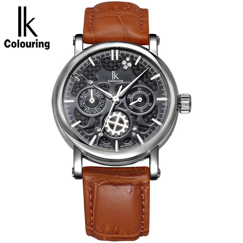 IK Colouring Relogio Masculino Watch for Men Automatic Self-Wind Men Mechanical Wristwatches Auto Date Leather Gift
