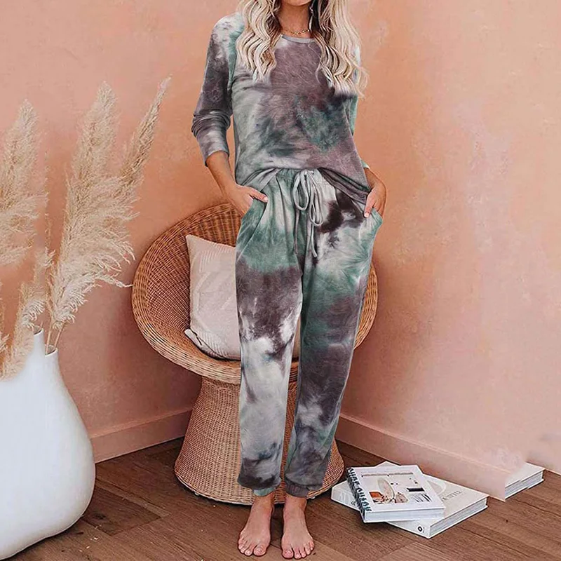 

2021 Summer Tie Dye Pajama Women Sleepwear Leopard Pajama Lounge Wear Female Short Sleeve Plus Size Nightwear Home 2 Pcs Sets