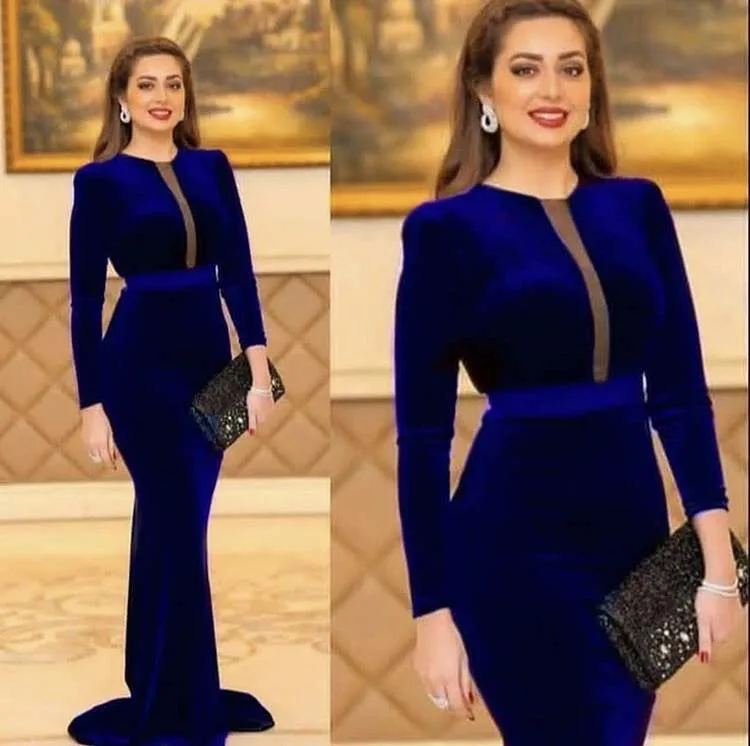 

Sexy Vestidos De Fiesta Royal Blue O Neck Long Sleeve Mermaid Sweep Train Evening Dresses