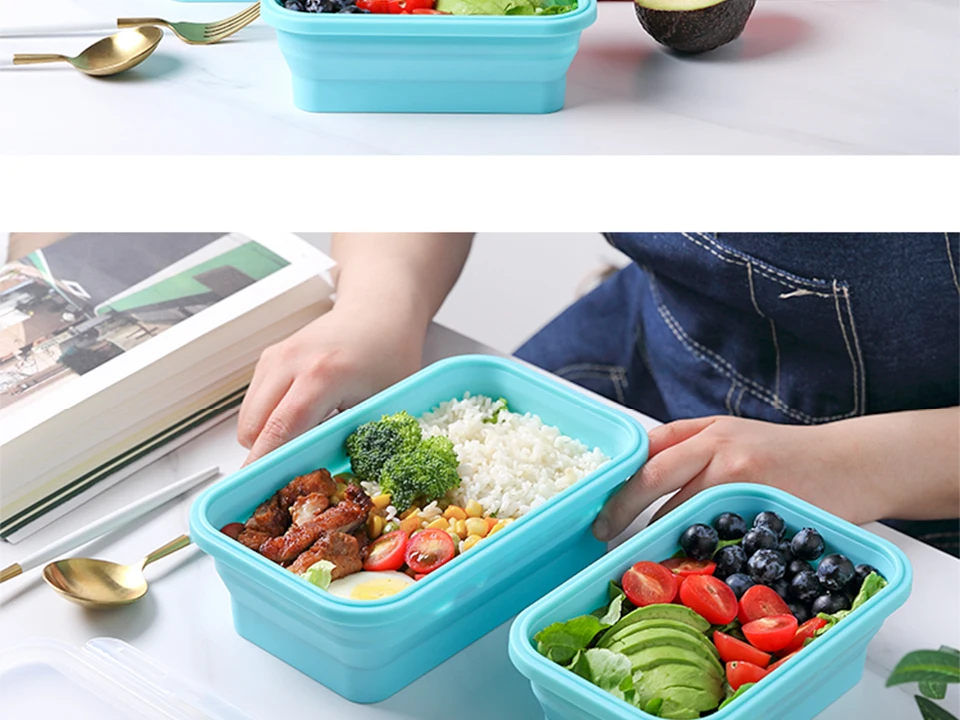 Силиконовый складной Ланч-бокс, контейнер для хранения еды, Bento BPA Free, Microwavable, портативный, для пикника, кемпинга, прямоугольная, открытая коробка