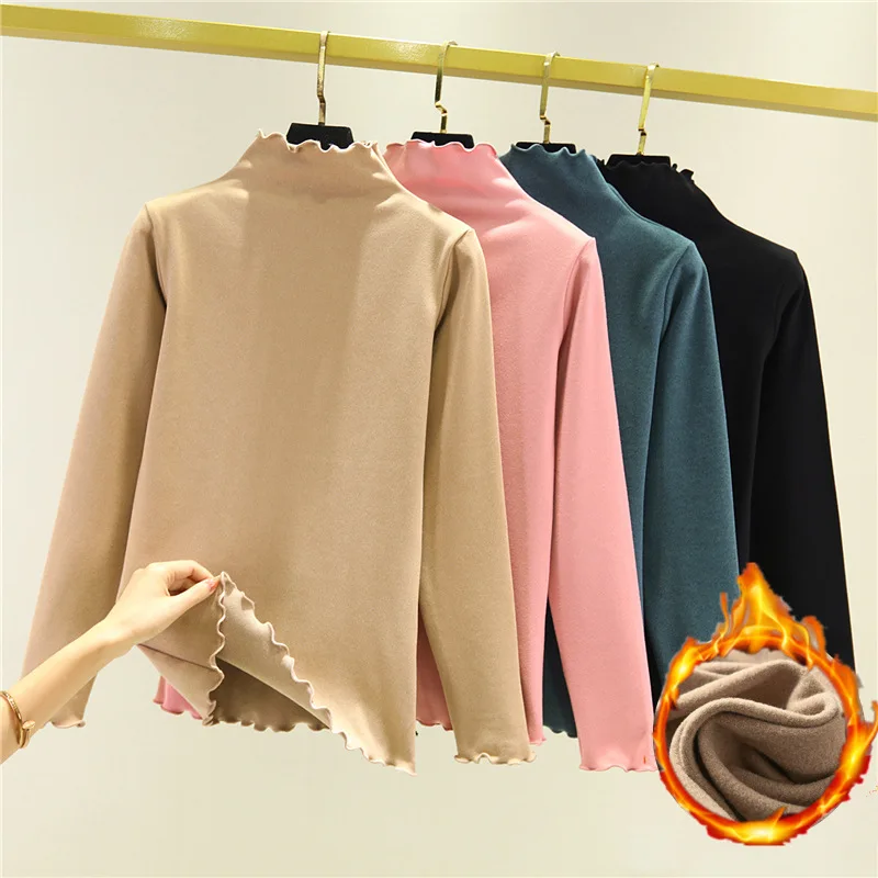 De Velvet Fungus Edge Bottom Shirt Inside Female Autumn Winter Double-sided Long Sleeve T-shirt Plush Thickened Warm Cotton Top