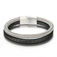 wholesale new leather rope stainless steel double layer braided bracelet mens titanium in stock