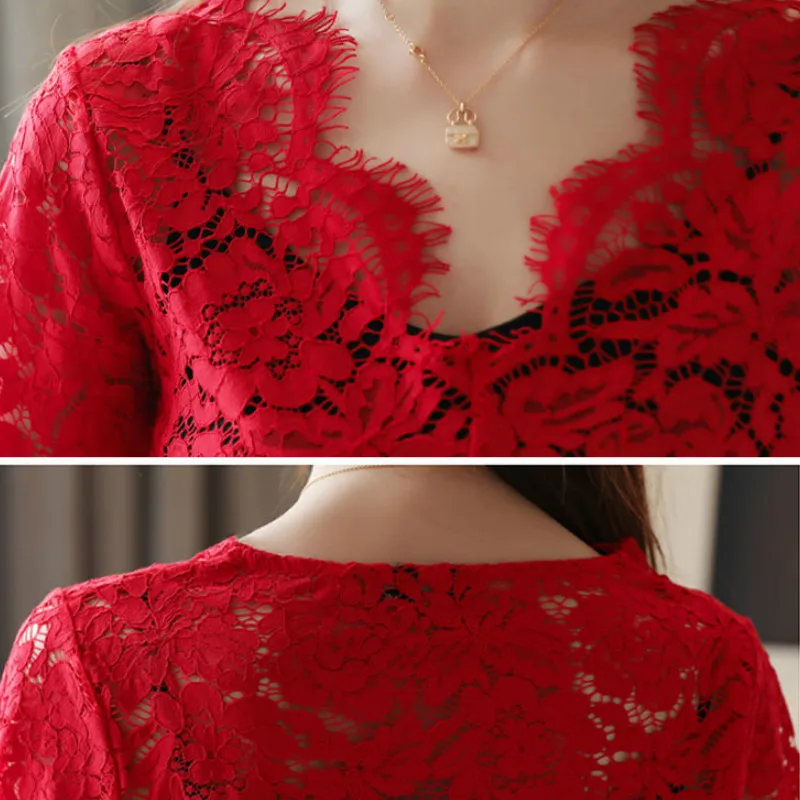 Осенняя блузка для женщин 2019 женские топы с длинным рукавом кружевная однотонная