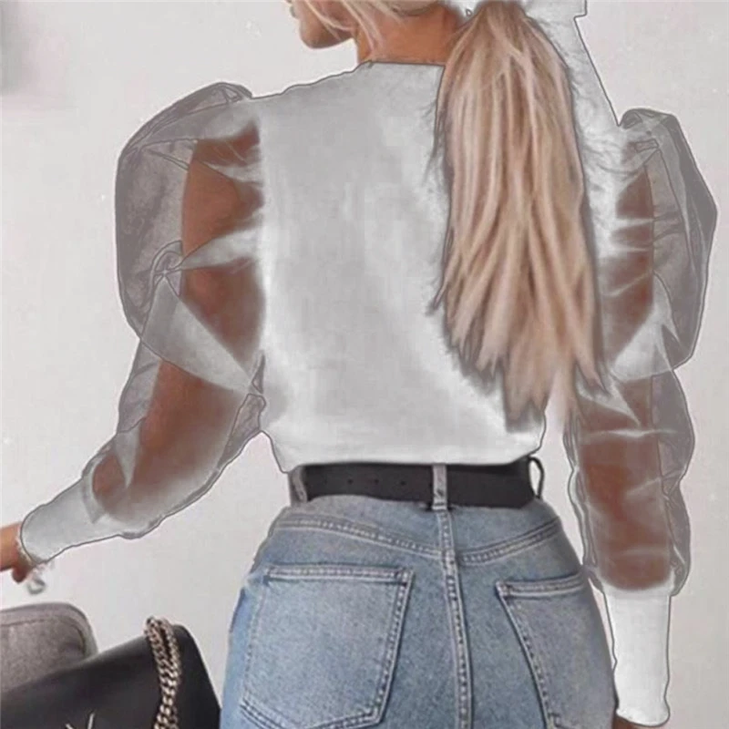 Женская Тюлевая рубашка с V-образным вырезом длинная сетчатая оборками и пышными