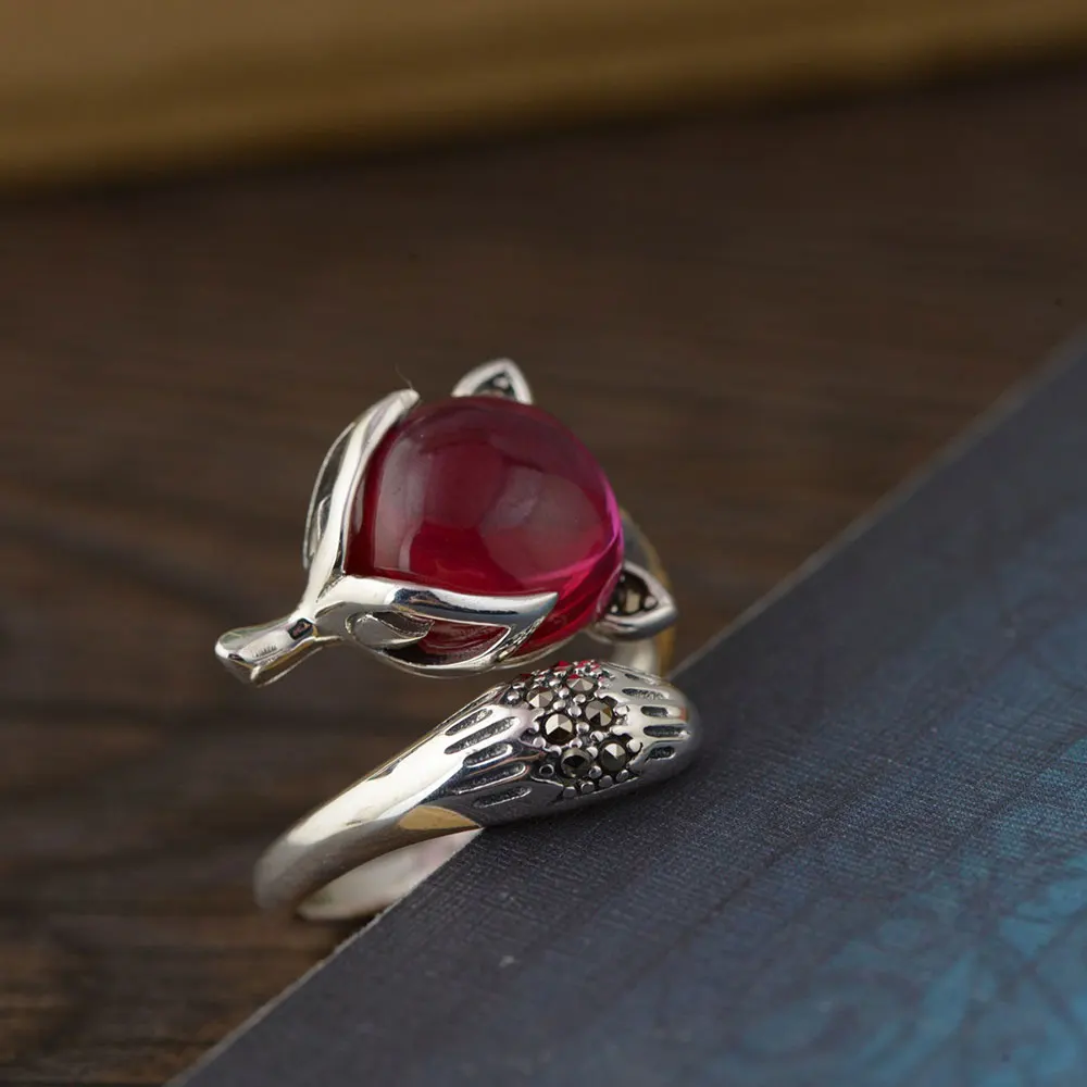 

FNJ 925 Silver Animal Fox Ring Original Pure S925 Sterling Silver Rings for Women Jewelry Open Adjustable Size Rose Corundum