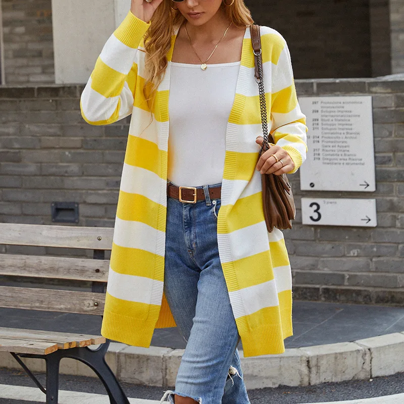 

ZJZLL Fall 2021 New European and American Knitted Long Contrast Color Striped Cardigan Sweater for Women