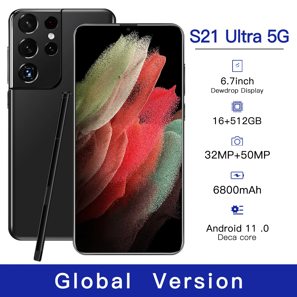 

Global Version S21 Ultra 5G 6.7 Inch 16GB 512GB 32MP 50MP Smartphone 10 Core 6800mAh Qualcomm 888 Face Recognition Cell Phones