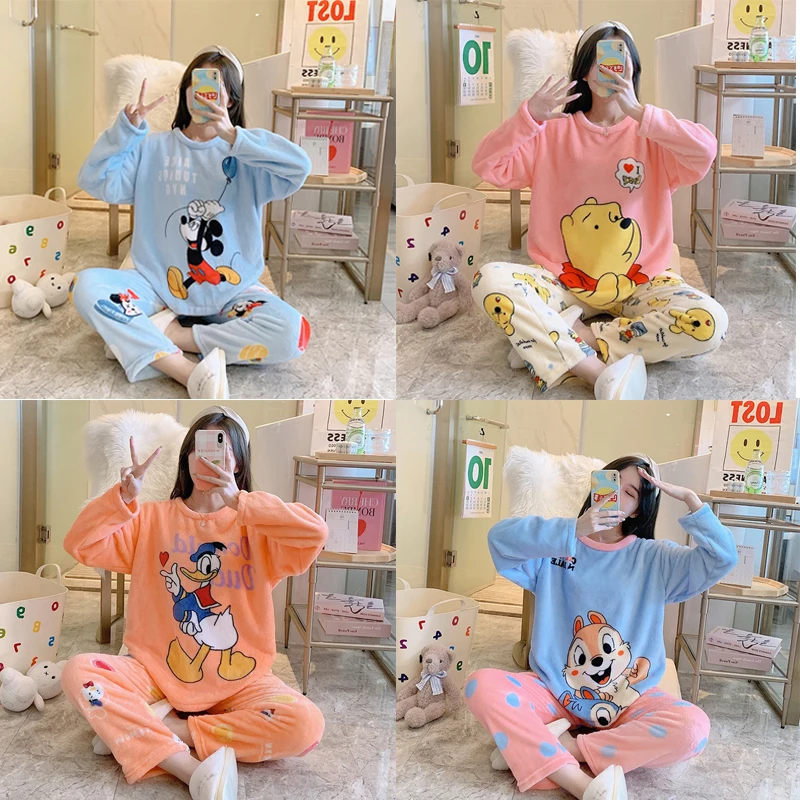 

Disney Pajamas Women Mickey Donald Duck Cute Thickened Flannel Winter Cartoon Long-Sleeved Home Service Suit
