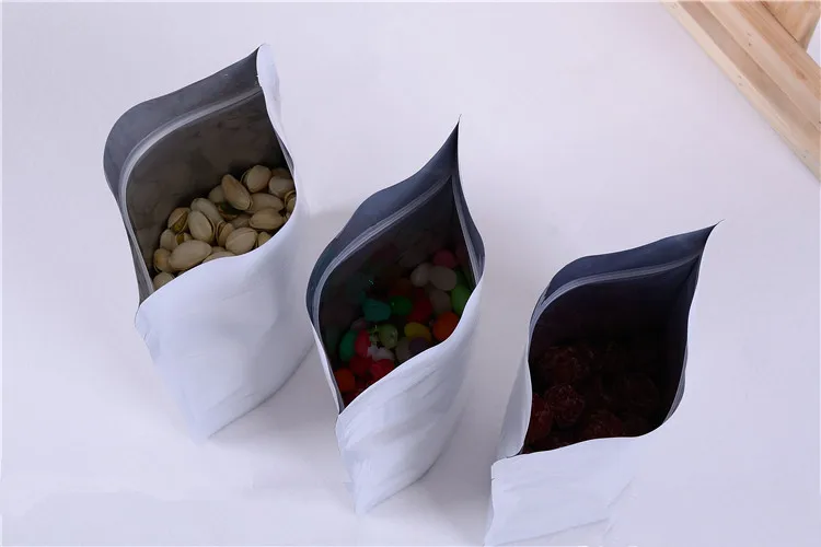 

Wholesale 50pcs 13cm*21cm+4cm 270mic White Aluminizing(VMPET) Foil Zip Bag Stand up Glossy White Foil Packaging Bag