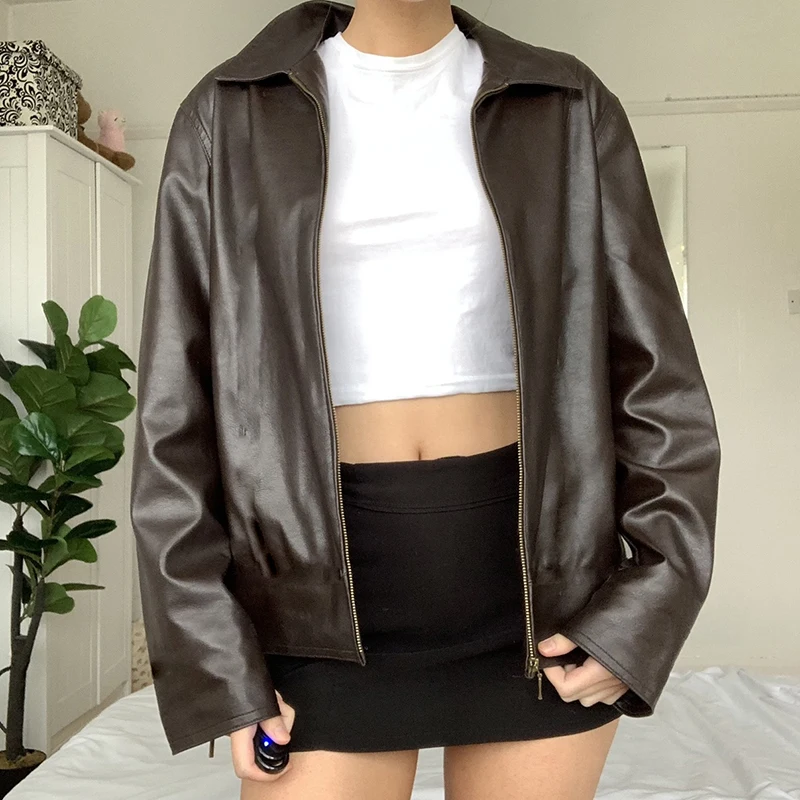 

FUFUCAILLM Faux PU Leather Coat Autumn Women Long Sleeve Zipper Outwear Office Lady Women's Elegant Jackets Korea Streetwear
