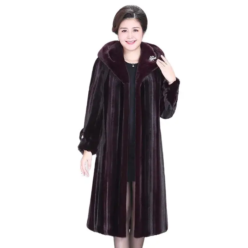 Fashion Mink Fleece Jacket Women's Winter Coat Long Imitate Fur Coat Hooded Middle-Aged And Elderly Mother Clothes Quality Coat