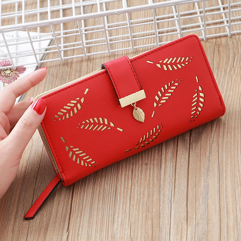 

Women Wallet PU Leather Purse Female Long Wallet Gold Hollow Leaves Pouch Handbag for Women Coin Purse Card Holders Clutch
