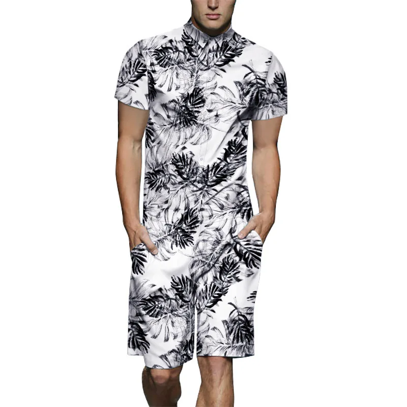 Fshinon 3D Print Men Rompers 2020 Short Sleeve Summer Hawaiian Beach Romper One Piece Jumpsuit Playsuit Cargo Overalls TS-485 | Мужская