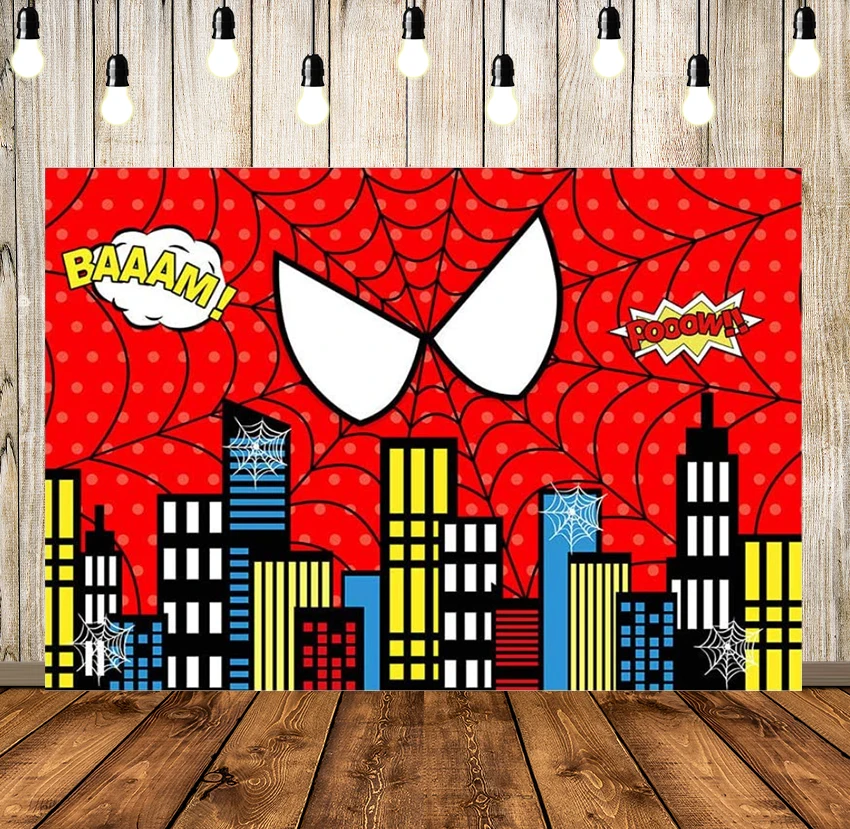 

Red Spider Web Photography Backdrop Baby Shower Photo Booth Studio Props Supplies Super Heros Cityscape Photo Background