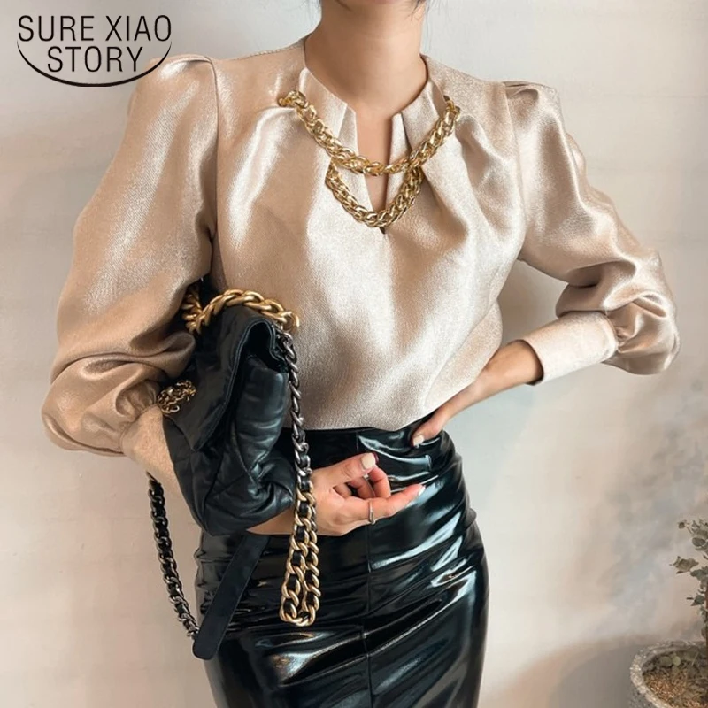 

Elegant Chain V-neck Chiffon Blouse Shirt Korean Loose Tops Pullovers Women Spring Fall Fashion Long Sleeve Clothes Blusas 18344