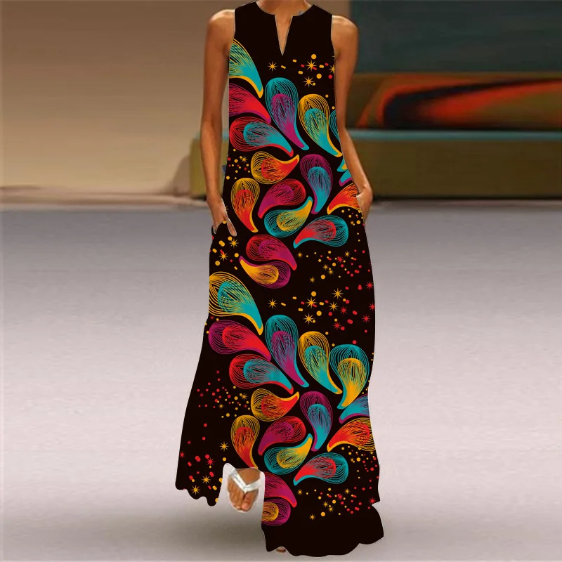 

Retro Print Summer Dress Women's Casual Plus Size Long Dress O-neck Sleeveless Loose Dresses Elegant Beach Maxi Dress 2021 New