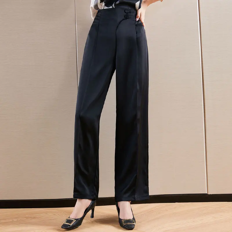High Waist Pants Women 2021 New Fashion Simple Black Button-Decorated Fake Pocket Back Zipper Straight Office Lady Trousers