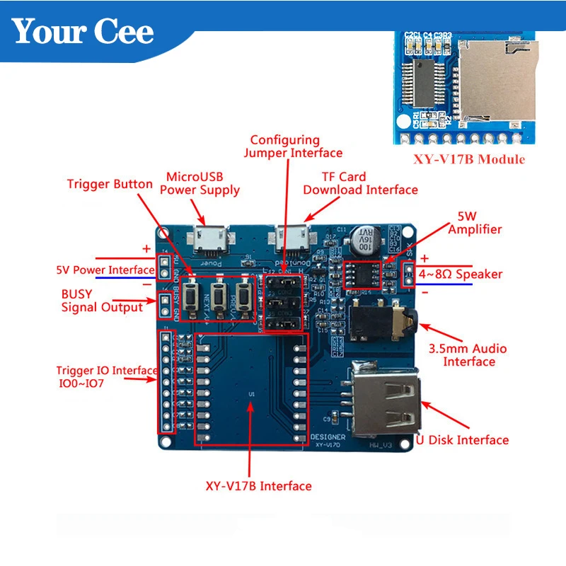 XY-V17B MP3 Player Module Serial Voice Development Board Controller Single Bus/IO Control/Support Card U Disk | Электронные
