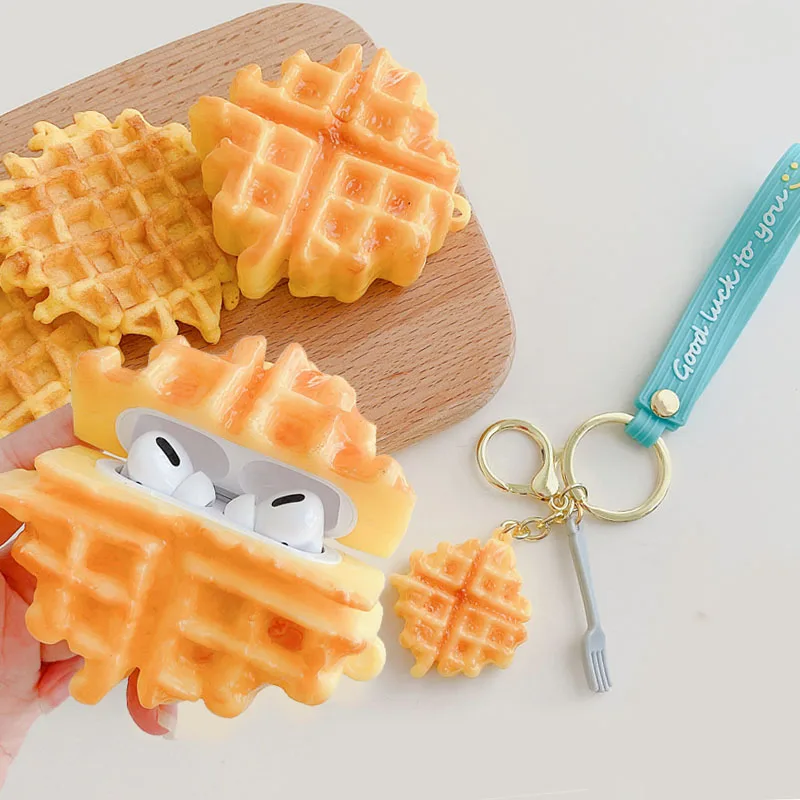 

For AirPods 1 2 3 Simulation Food 3D Waffle Cookies Headphone Case for Airpods Pro Wireless Earphone Cover Key Ring Pendant Box
