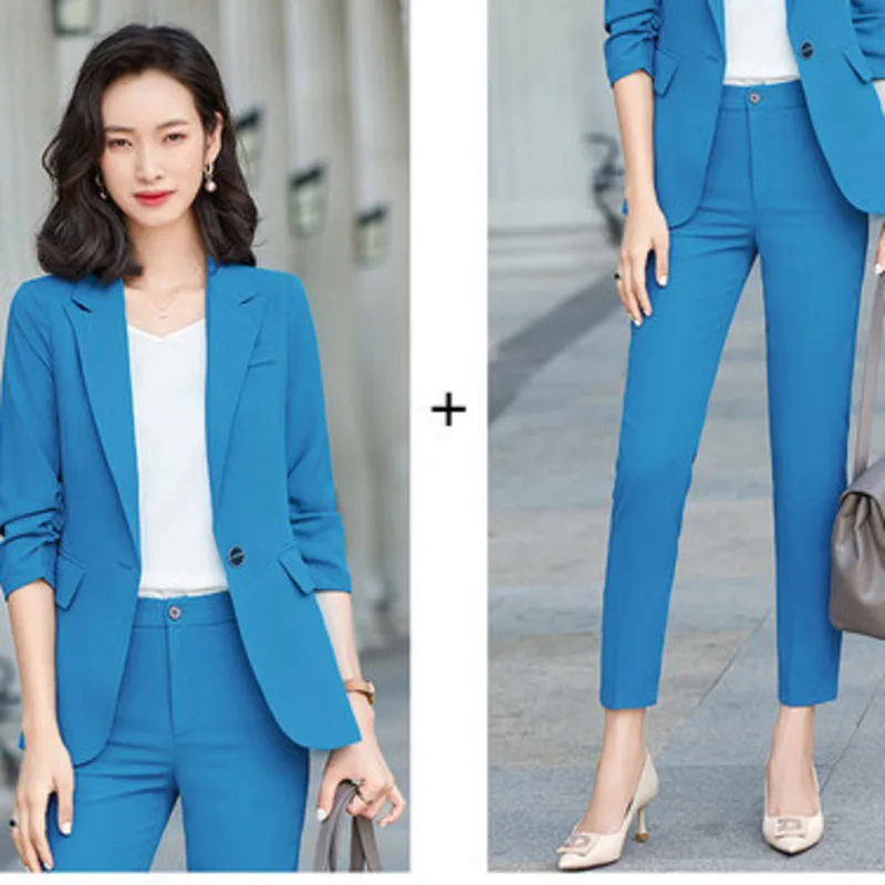 

Spring And Summer Suit Female Business Slim Pants Two Piece Work Wear Office Half Sleeves Suit Jacket With Pants Suit Collar