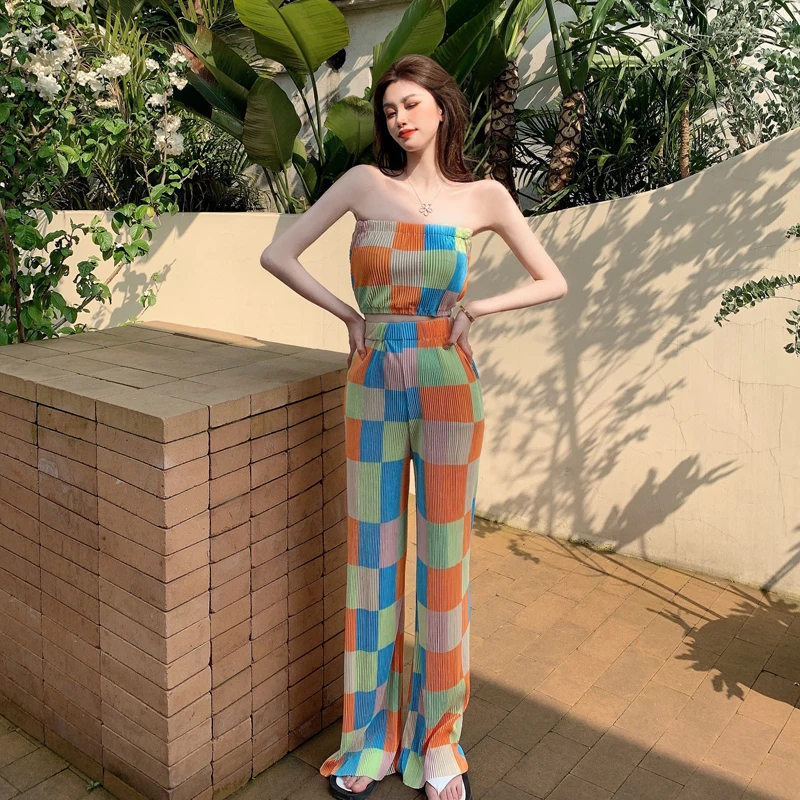 

Femme New Checkered Tube Top Loose High Waist Wide Leg Pants Set Summer Women 2021 Tube Top+Wide Leg Pants Hot Sale