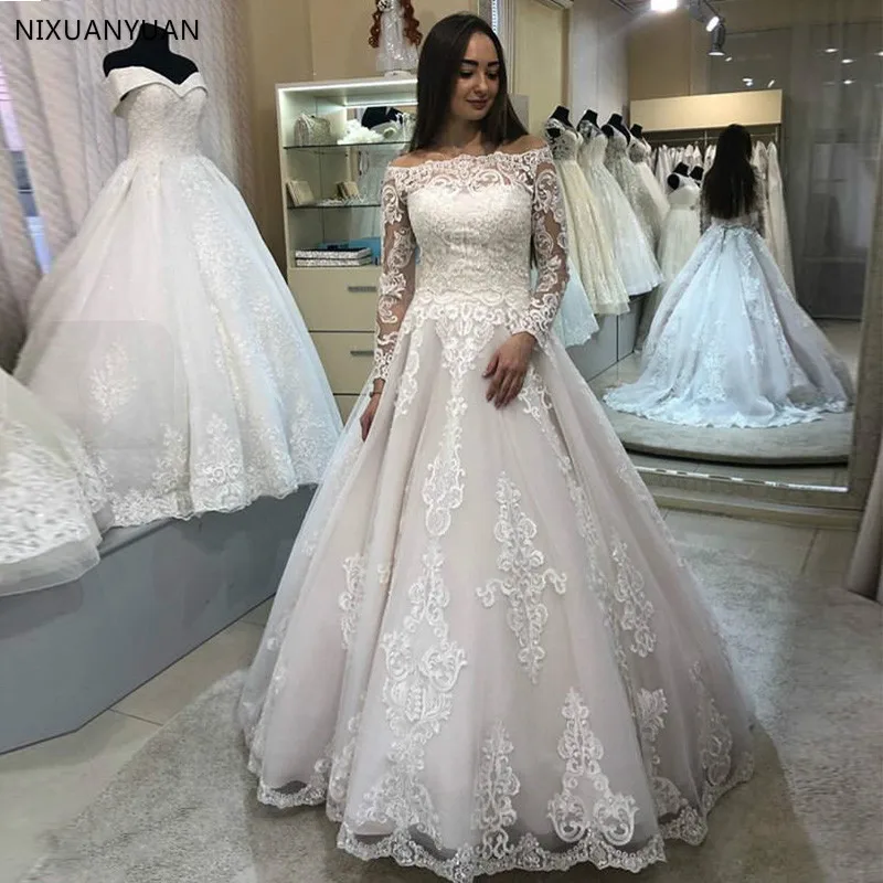 

Vintage Lace Appliques Wedding Dresses with Long Sleeves Boat Neck Bridal Dresses Brush Train Vestido De Casamento 2021