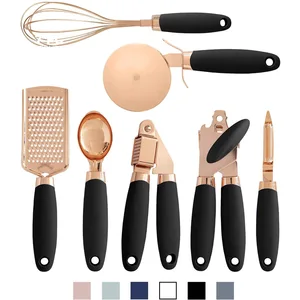 7 pcs kitchen gadget set copper coated stainless steel utensils with soft touch rose gold garlic press pizza cutter free global shipping