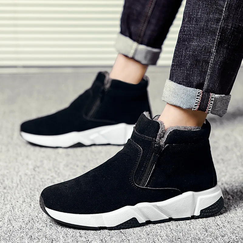 

Мужские Фланелевые ботинки на толстой подошве, черные однотонные фланелевые ботинки с круглым носком и боковой молнией, теплая обувь для сн...