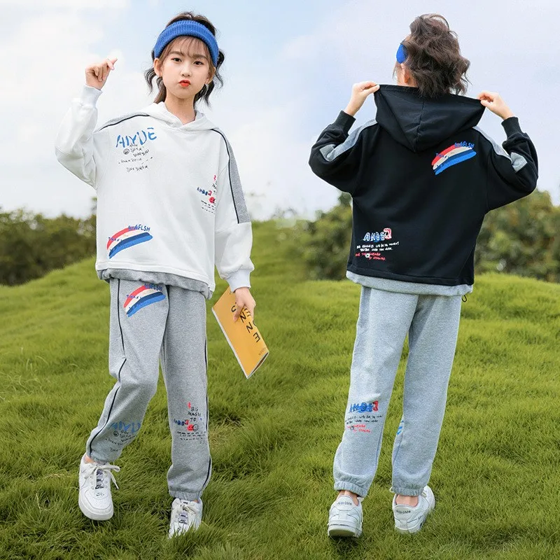 

Kids Casual Suits Clothing Sets Spring Fall Girls Letter Print Hoodies + Pants Fashion Sport Teenage Outfits 5 6 8 10 12 14 Year