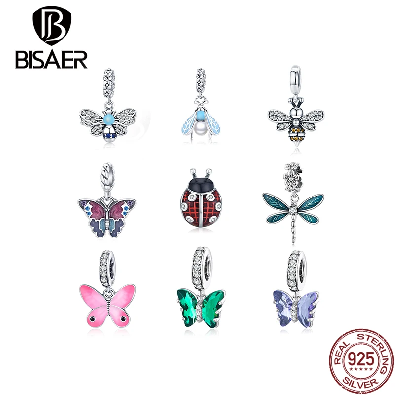 

BISAER Charms 925 Sterling Silver Cute Animal Butterfly Origional CZ Beads Pendant Fit DIY Pan Bracelets For Women Jewelry Gift