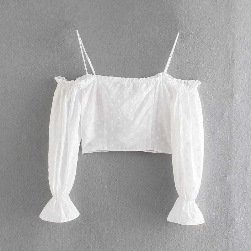 

2021 Women Summer Chiffon Thin Blouses Shirts Tops 2021 Dot Embroidery Off shoulder Female Sexy Short Top Blusas