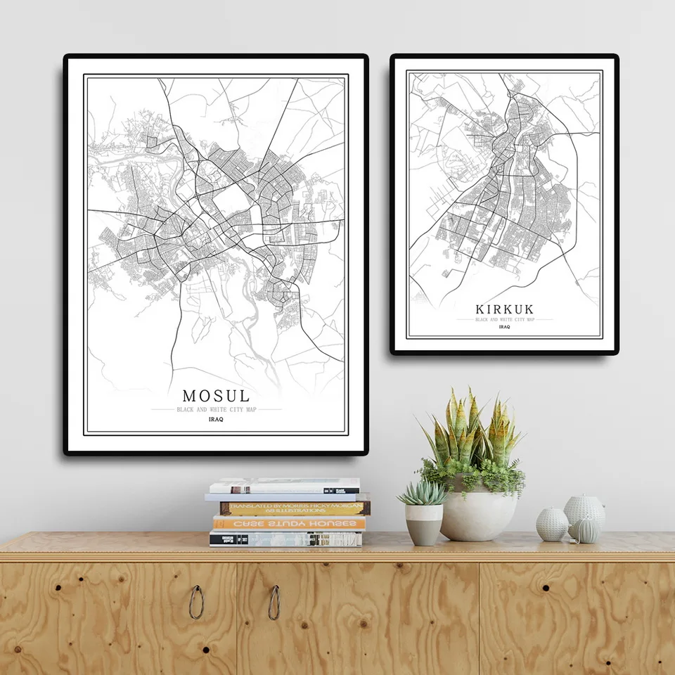 Ирако черно-белая карта города плакат Скандинавская гостиная Багдад Киркук