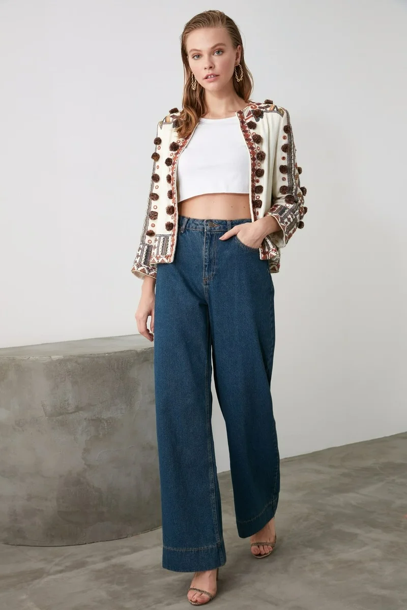 

Trendyol Trotting Detailed High Bel Wide Leg Jeans Wide Jeans Casual Denim Outerwear Blue Streetwear Vintage Pants