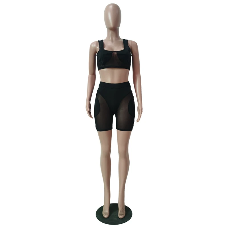 

Mesh Sheer Patchwork 2 Piece Set Sleeveless Crop Top Biker Shorts for Women Summer Outfits Sexy Club Party Matching Sets