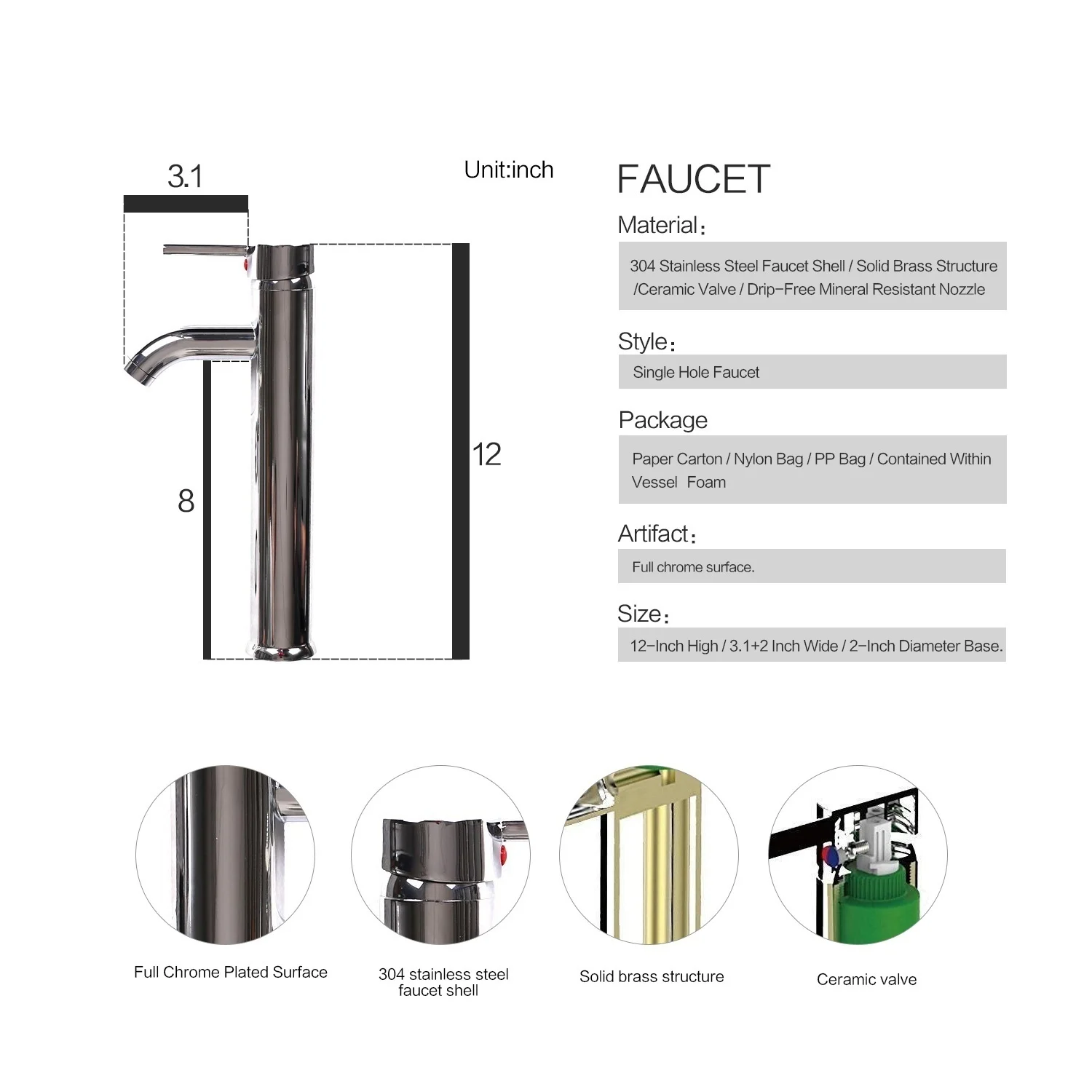 

Square Bathroom Ceramic Vessel Sink Porcelain White Wash Basin Sink Chrome Faucet Combo
