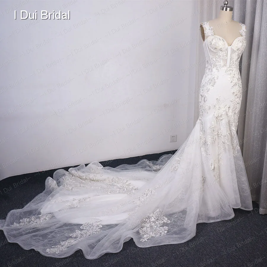 Mermaid Lace Wedding Dress with Silver Thread Floral Appliques Two Way Shoulder Strap Bridal Gown