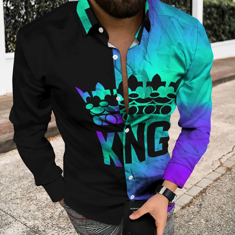 

Autumn Winter Unique Men Long Sleeves Shirt Top Trendy Shirt King XX Smiley 3D Pattern Youthful Vigorous Style Oversize 50-85kg