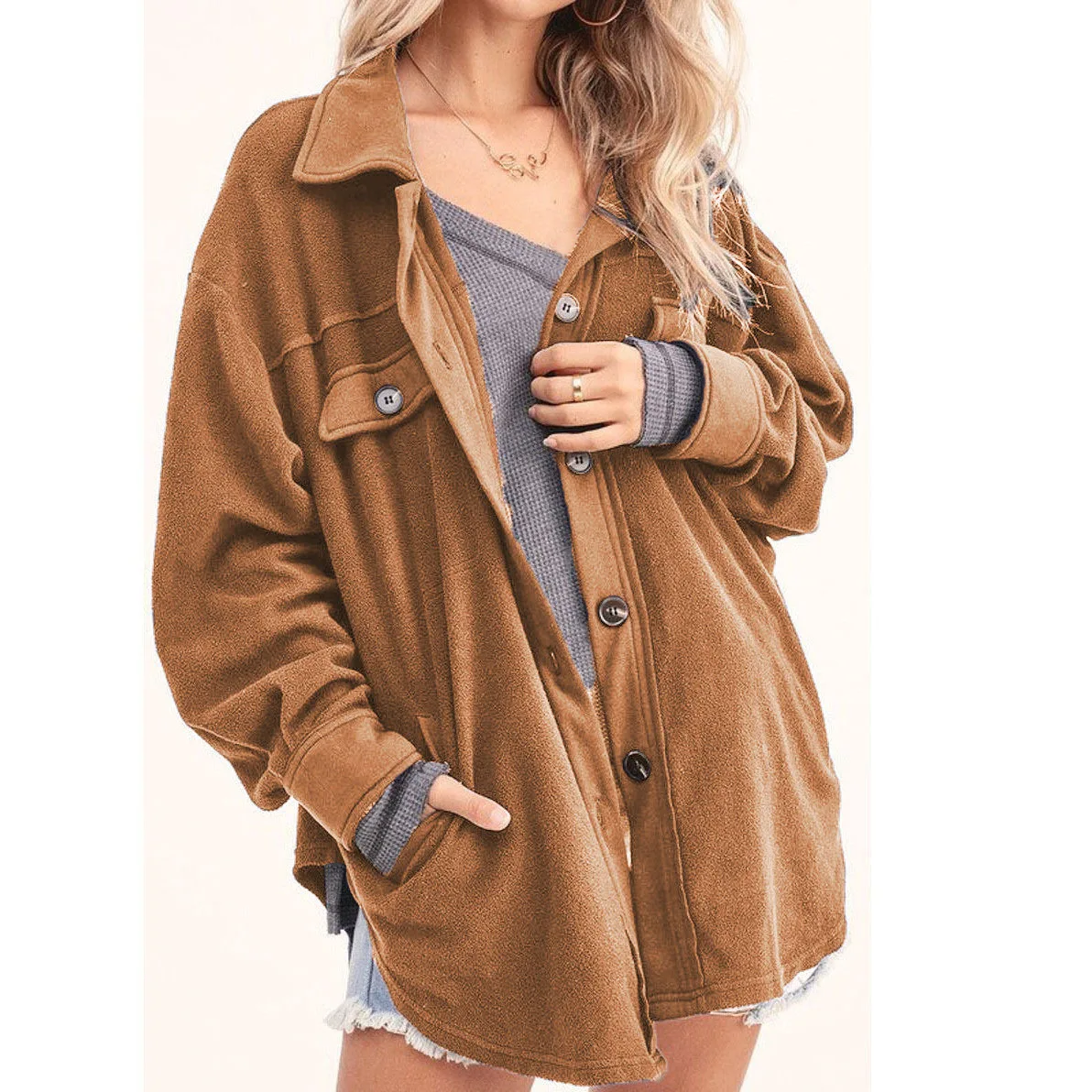 

2022 Women Winter Thick Warm Coat Solid Long Sleeve Fleece Jackets Shirt Outwear Female Plus Size Overcoat