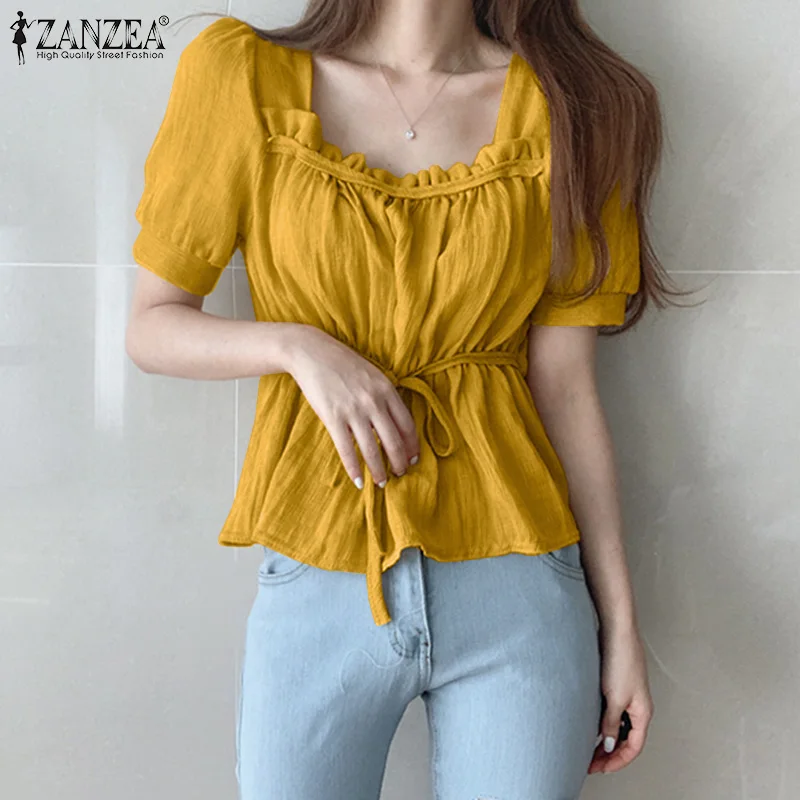 

Summer Elegant Women's Blouse ZANZEA 2021 Ofiice Lady Ruffle Pleated Puff Sleeve Tops Casual Solid Bandage Oversized Blusa Femme