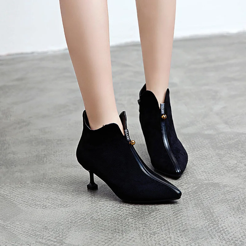 Черные женские ботильоны на высоком каблуке 2019 г. Женские ботинки молнии тонком 6