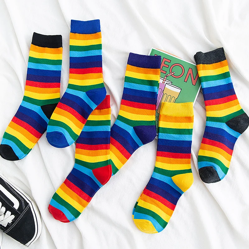 Зимние женские носки хлопковые в радужную полоску рождественские Модные теплые