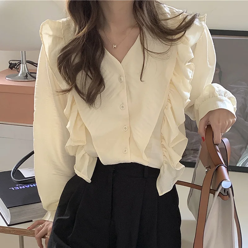 

BETHQUENOY Women Clothes Chemise Femme Vintage Chiffon Shirts Poleras Mujer Bluzki Damskie Ruffled Long Sleeve Blouses For Woman