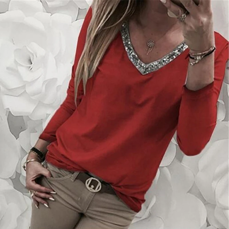 Модная женская рубашка Повседневная Сексуальная футболка в блестках с длинными