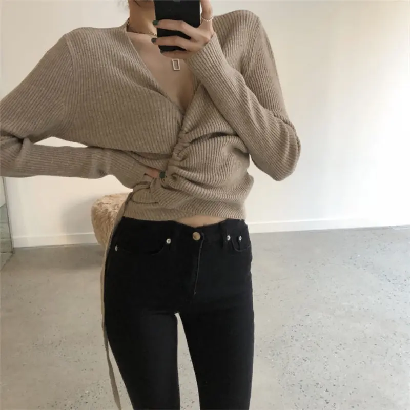 Однотонные Топы HziriP с V-образным вырезом свободные базовые вязаные повседневные